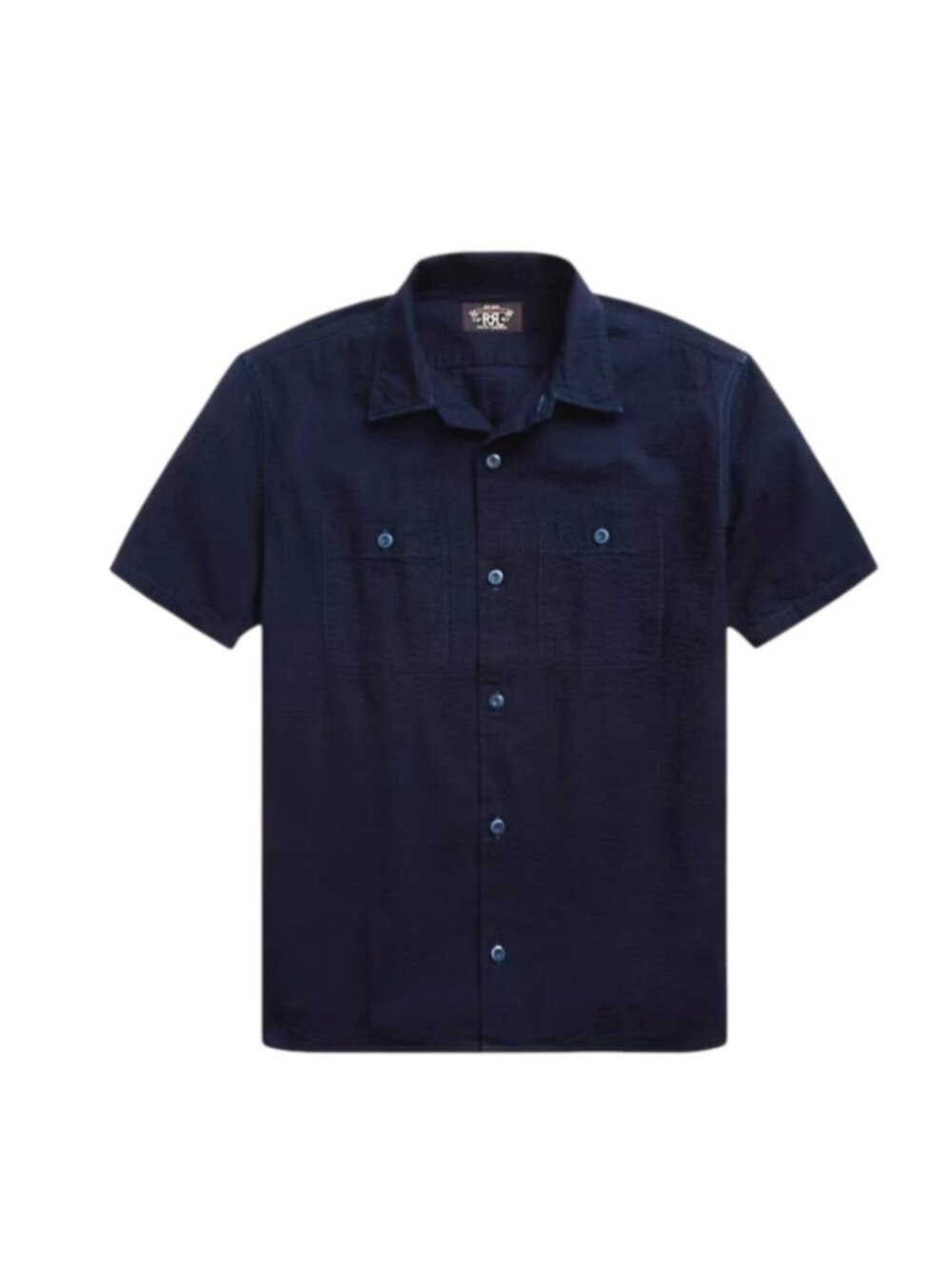 RRL Ralph Lauren Seersucker Camp Button Down Shirt Mens Large Indigo Navy Blue